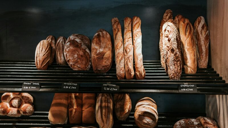 Loaves of bread on bakery shelves