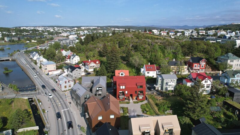 Aerial view of a town with streets and houses (Hafnarfjörður)