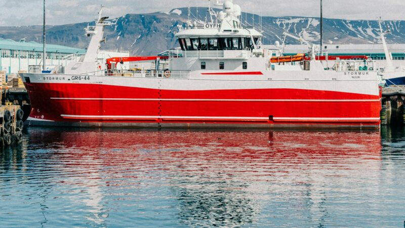 A red fishing trawler at the quay in Reykjavík