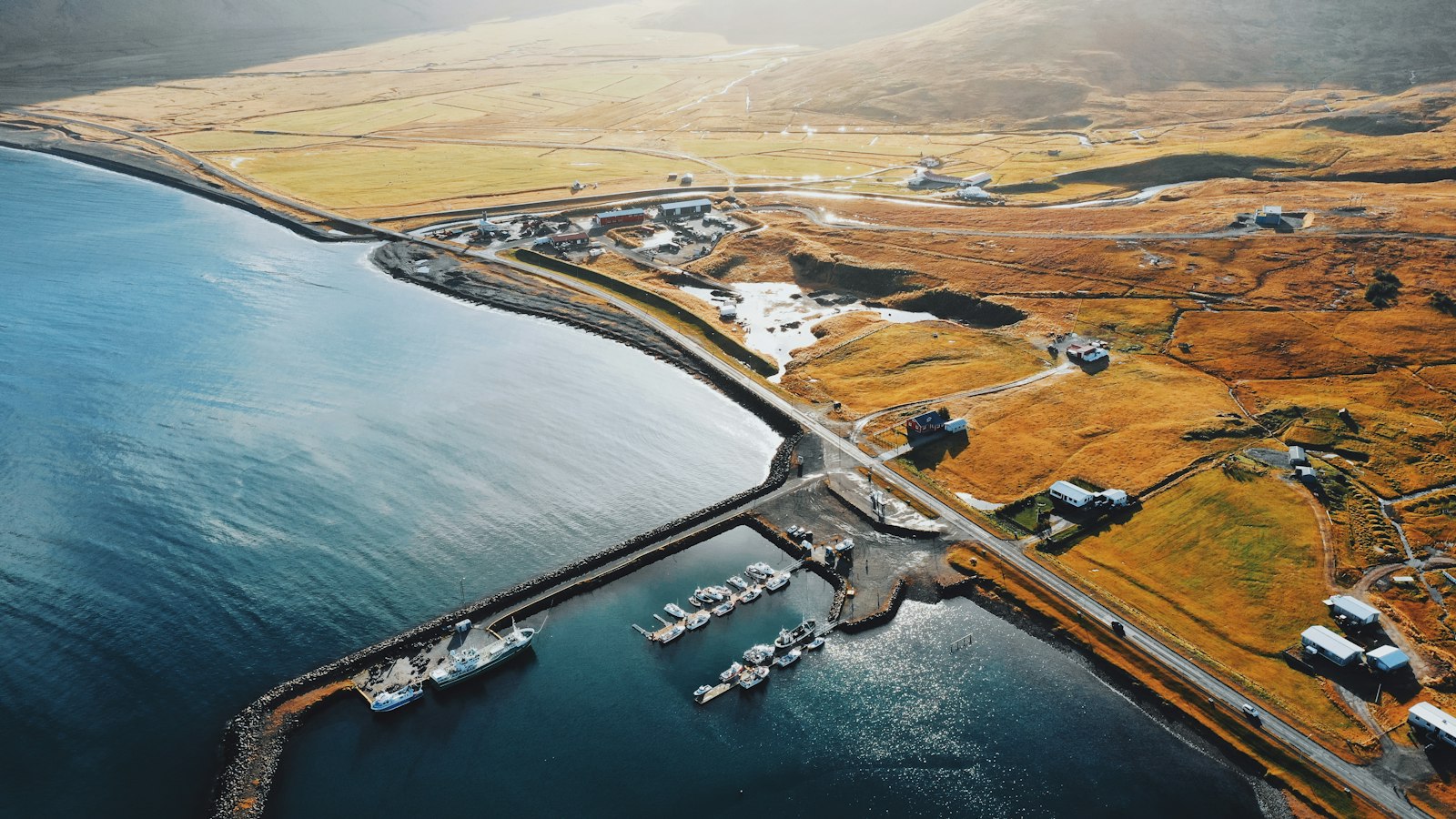 A small harbour town on a spit of land from the air