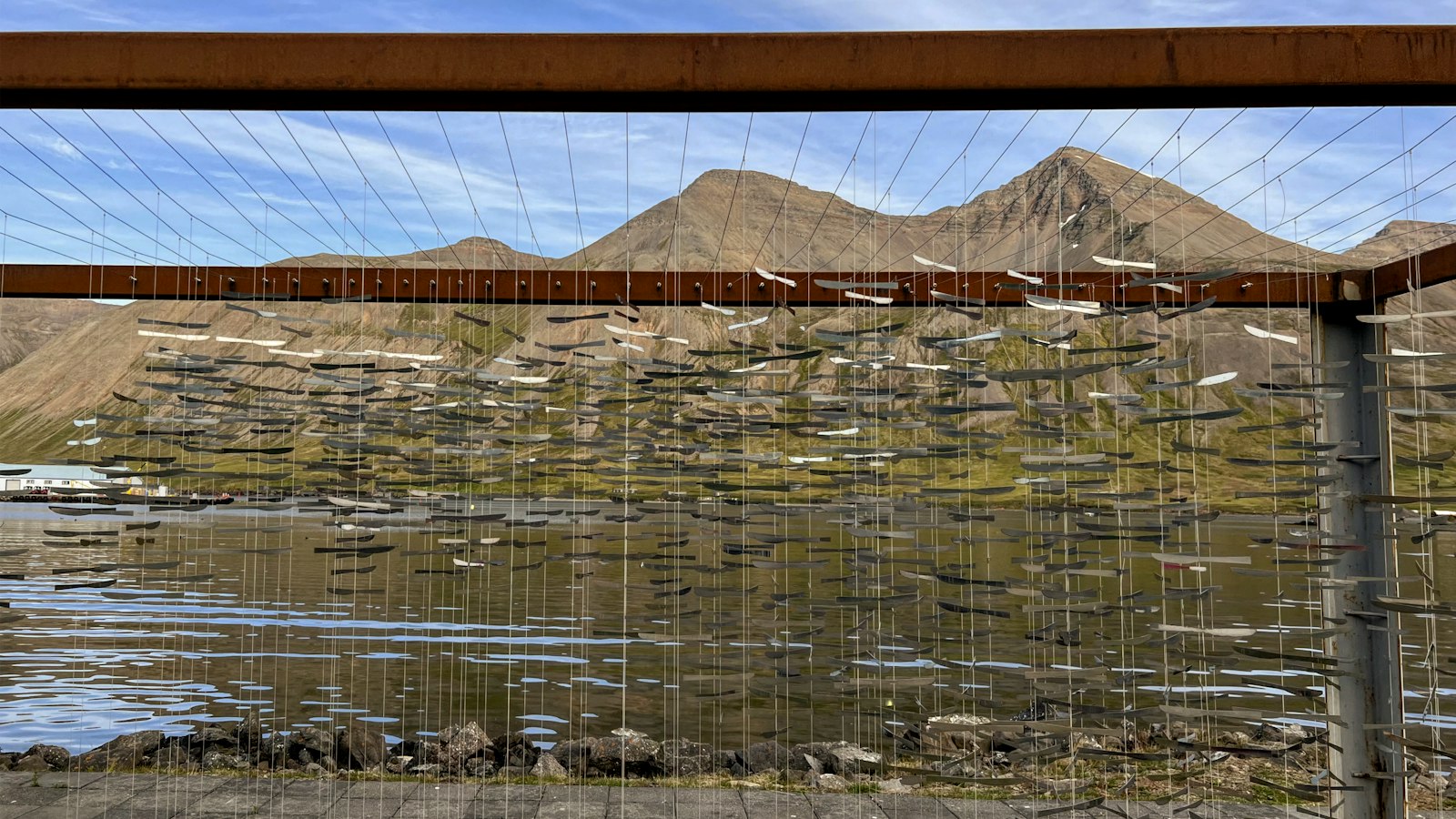 Hanging racks and suspended strips framing a calm fjord and mountains