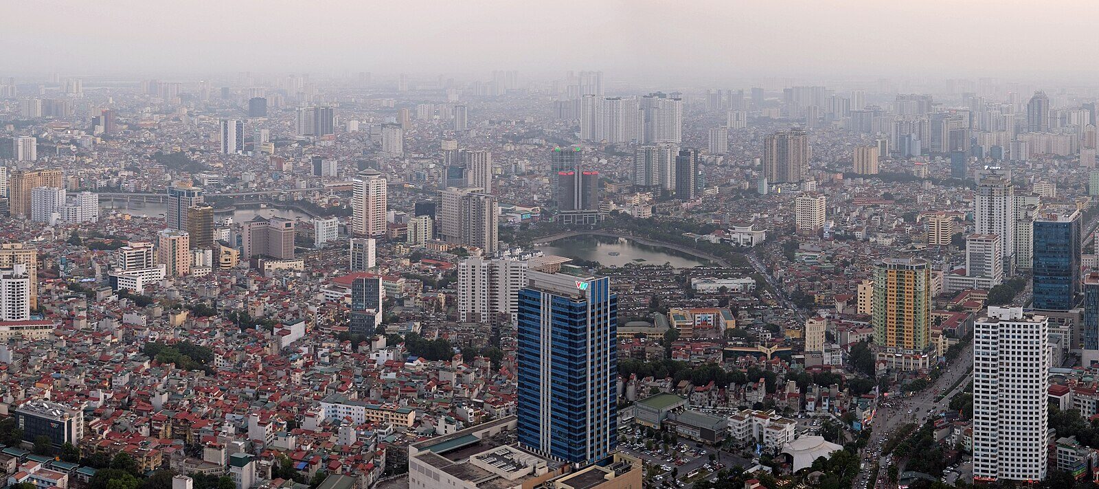 City skyline with high-rise buildings and a small river (Hanoi)