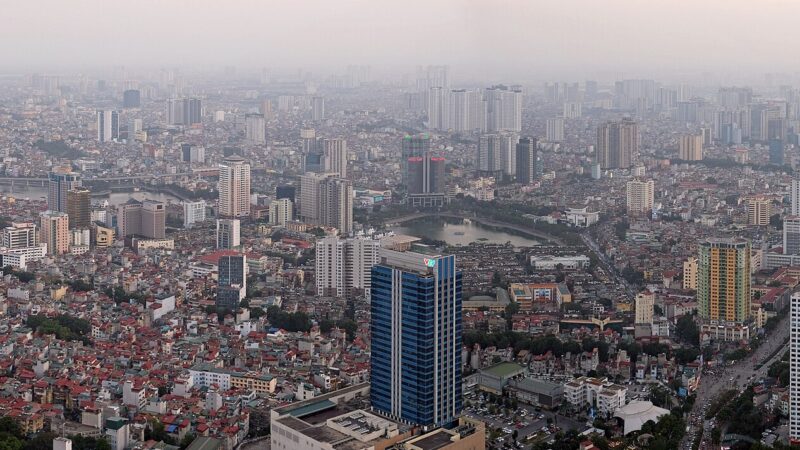 City skyline with high-rise buildings and a small river (Hanoi)