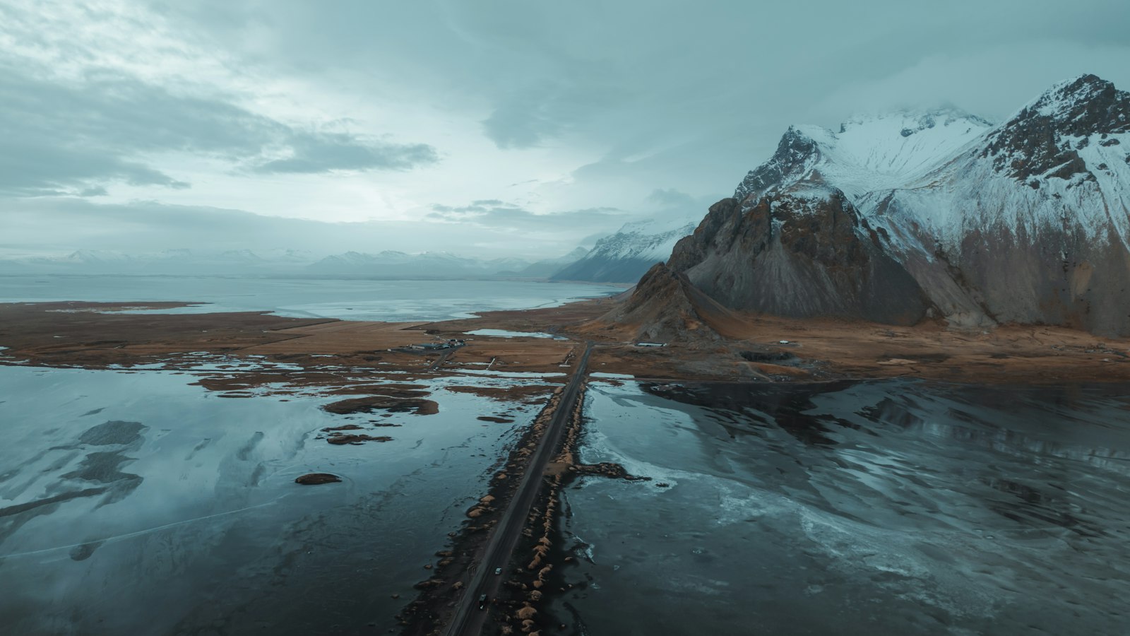 Aerial view of coastal plain and mountain
