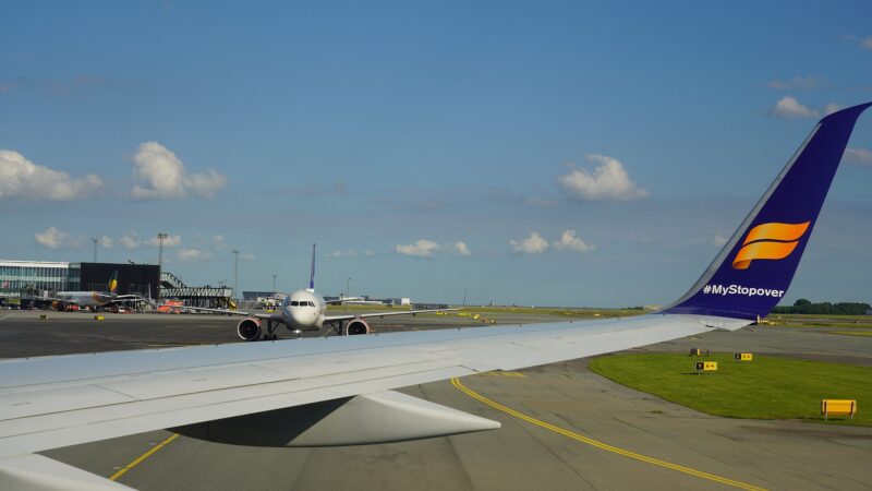 Icelandair winglet and aircraft at an airport gate