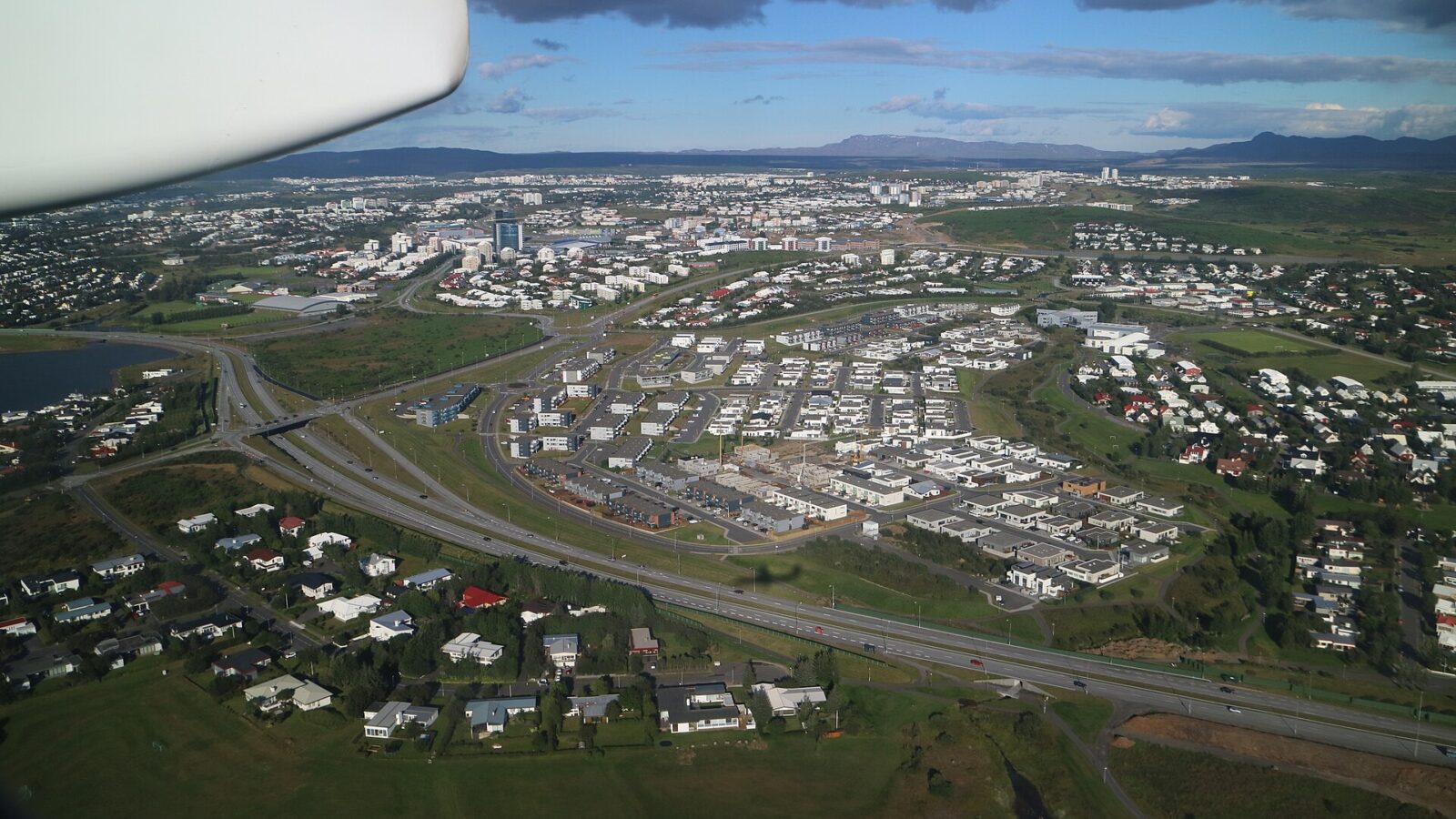Aerial view of suburban apartment blocks and roads (Garðabær (Línakri 3))