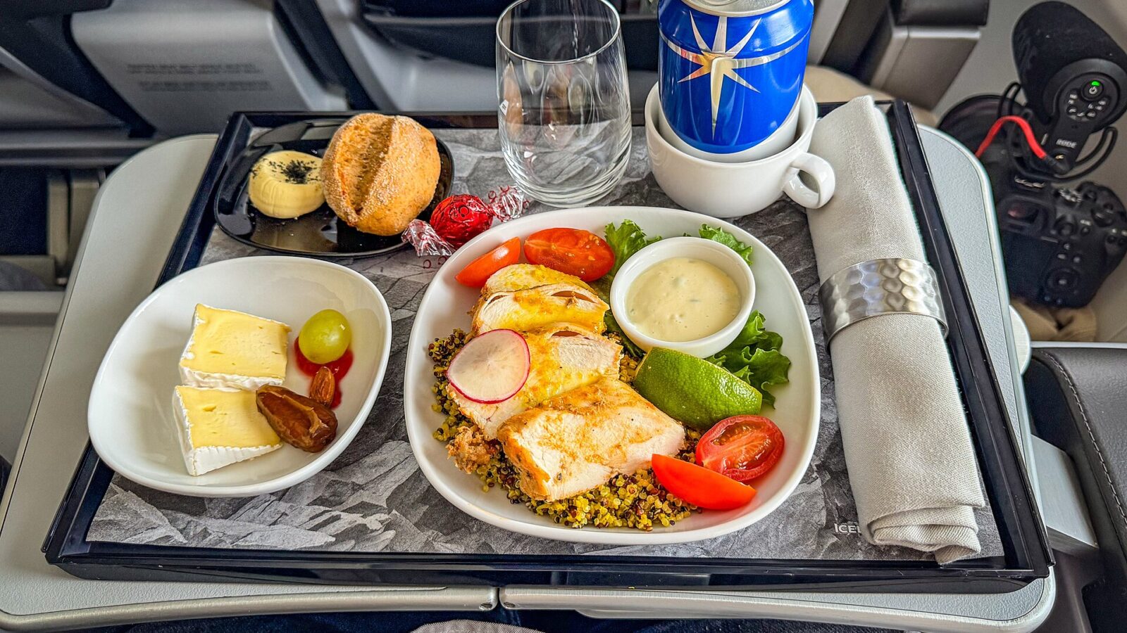 Meal tray and table in an aircraft premium seat (Icelandair)
