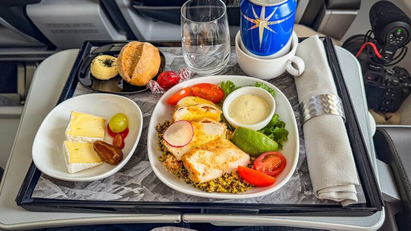 Meal tray and table in an aircraft premium seat (Icelandair)