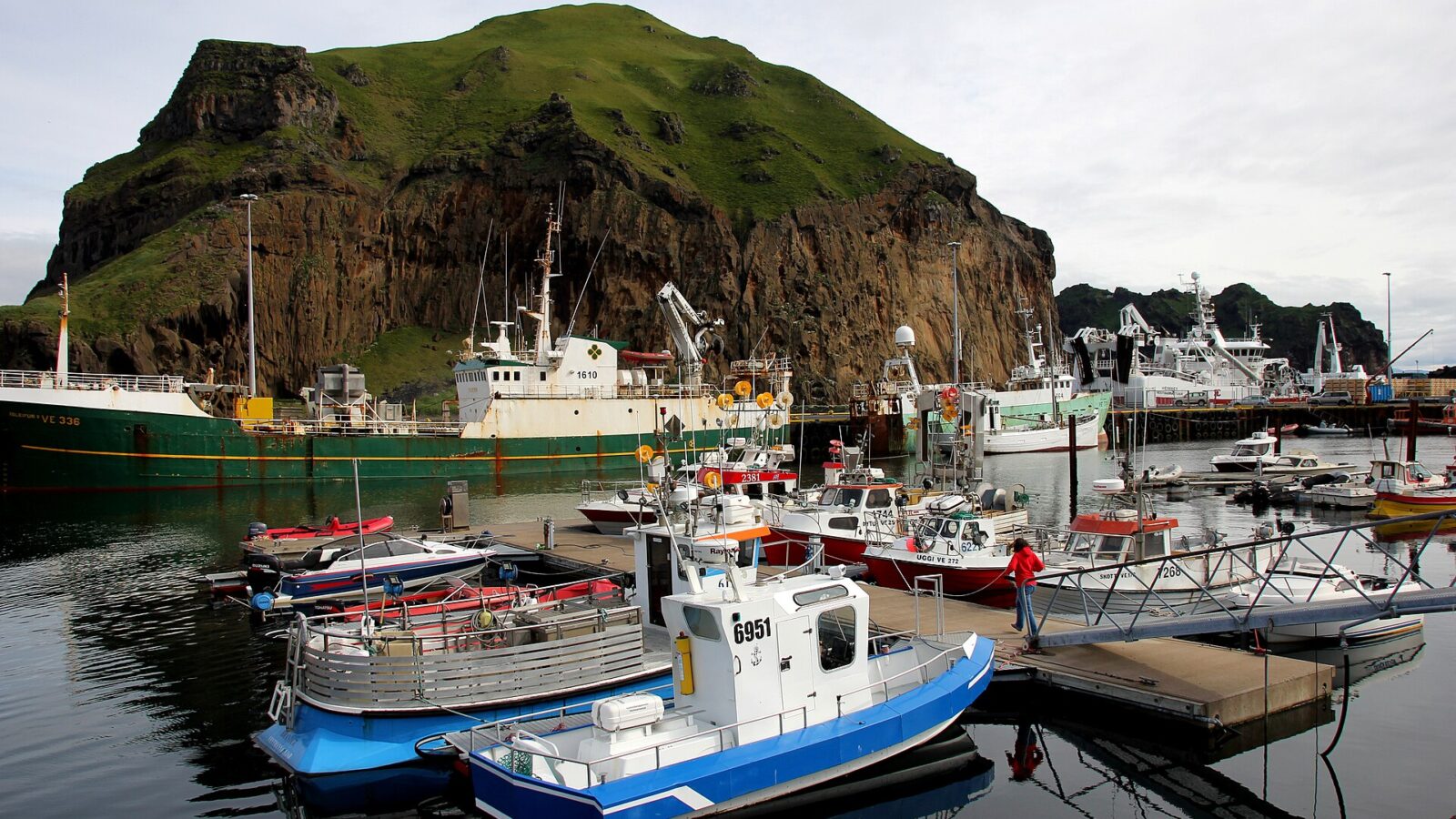 Harbour with moored fishing boats and a steep cliff (Vestmannaeyjar)