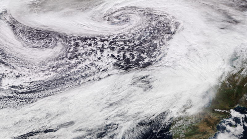 Satellite view of a large cyclonic storm over the North Atlantic