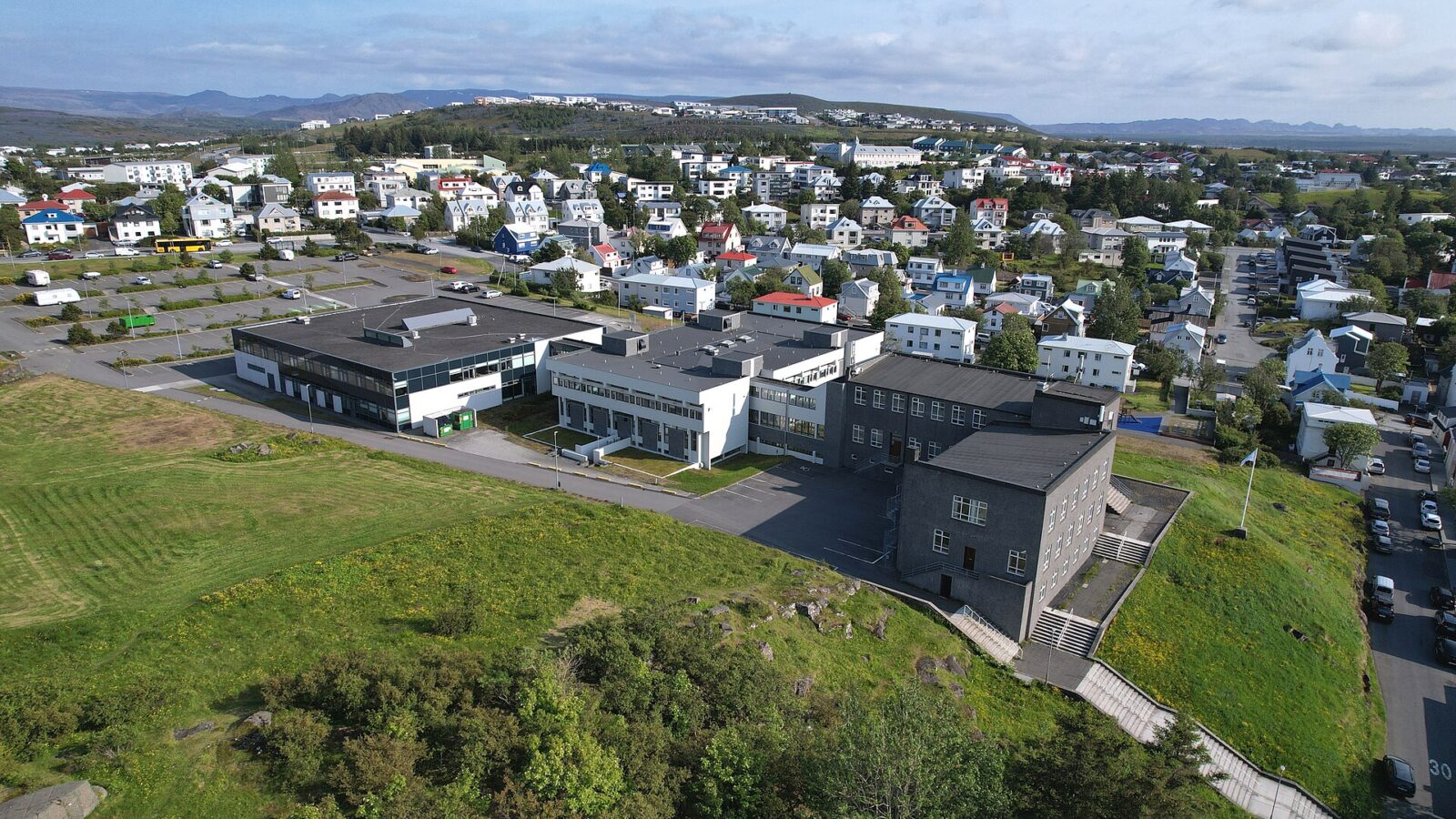 Aerial view of a residential area with public buildings (Hafnarfjörður)
