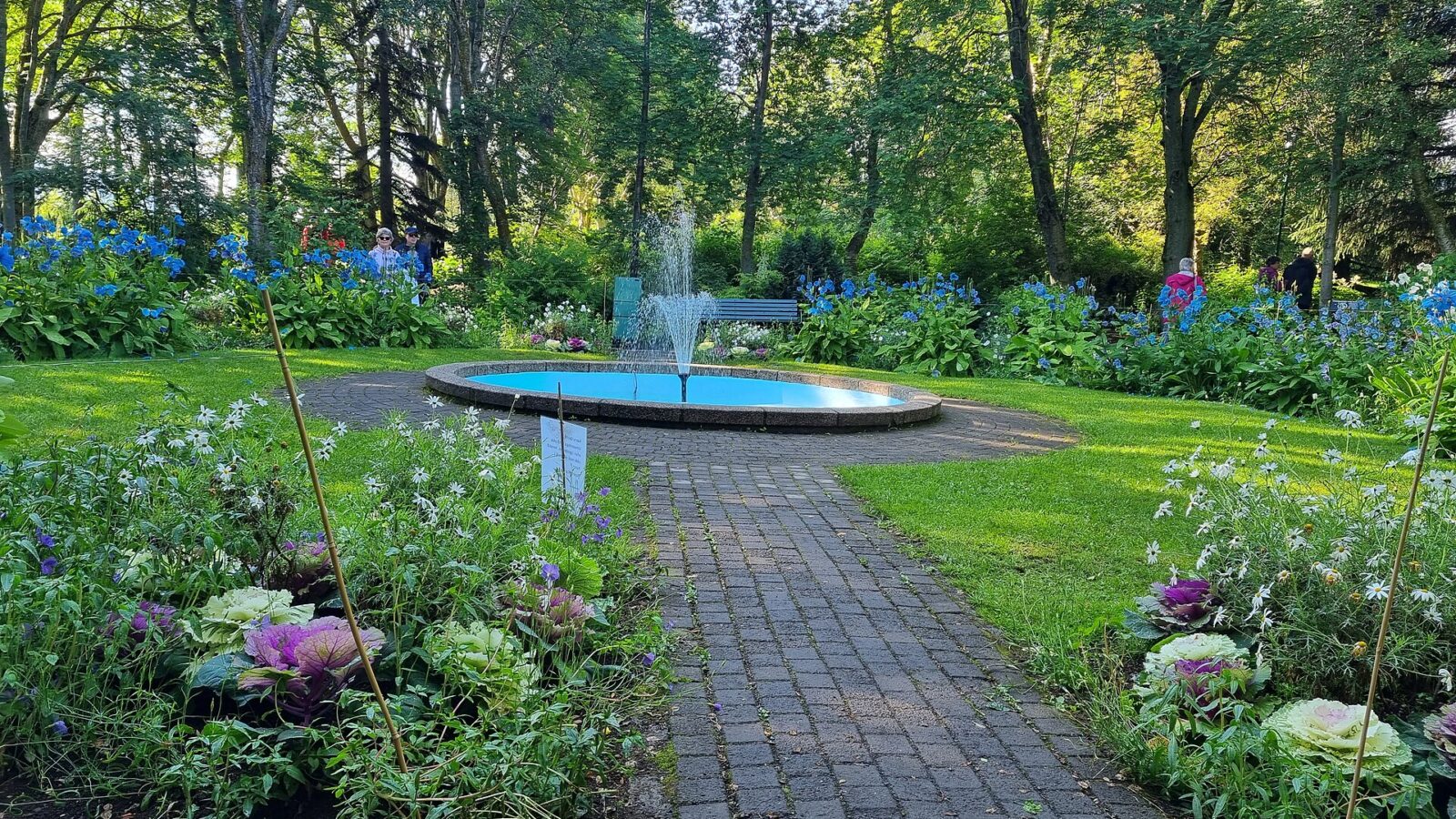 Small circular fountain in a planted garden with trees (Akureyri)