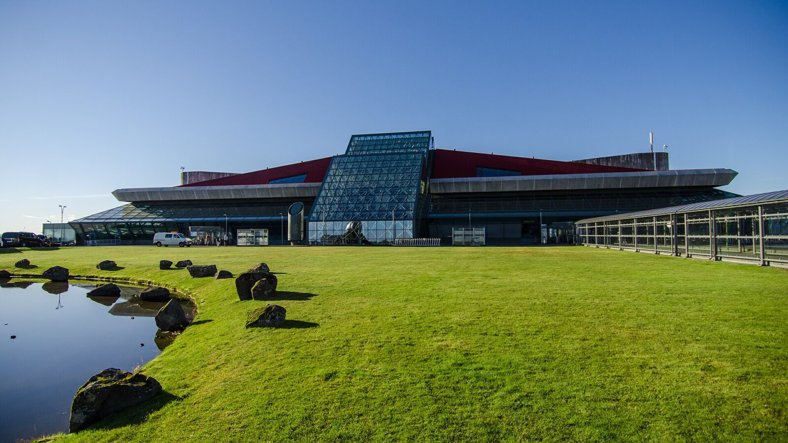 The airport terminal building from the front lawn (Keflavík)