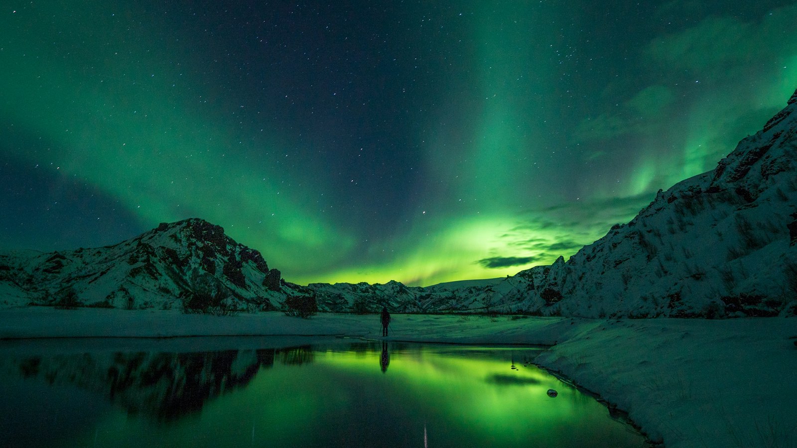 Snowy mountain beneath the northern lights