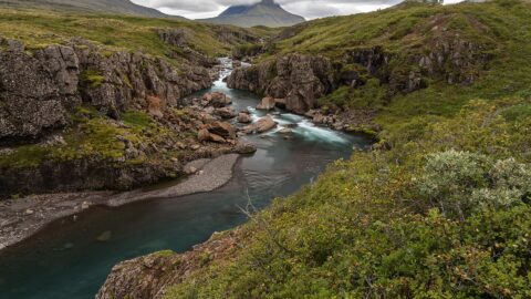 Narrow river cutting through a rocky green canyon with distant peaks (Fjarðabyggð)