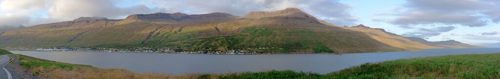 Fjord with villages along the shoreline beneath steep green hills (Fjarðabyggð)