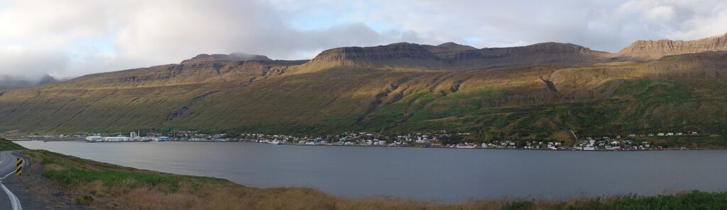 Panoramic fjord view with coastal settlements and mountain backdrop (Fjarðabyggð)