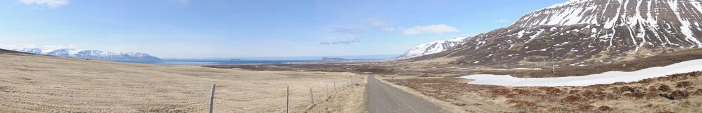 Grassy hillside and dirt track descending toward the coastal plain and sea (Skagafjörður)