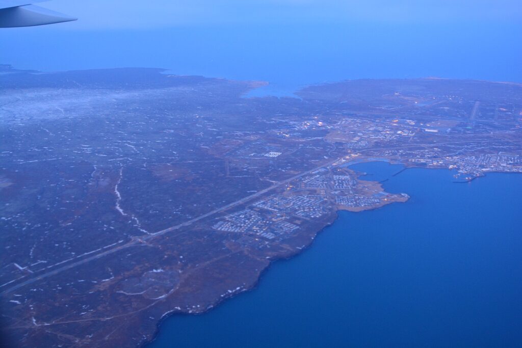Coastal town and harbour seen from an aircraft over the peninsula (Njarðvík)