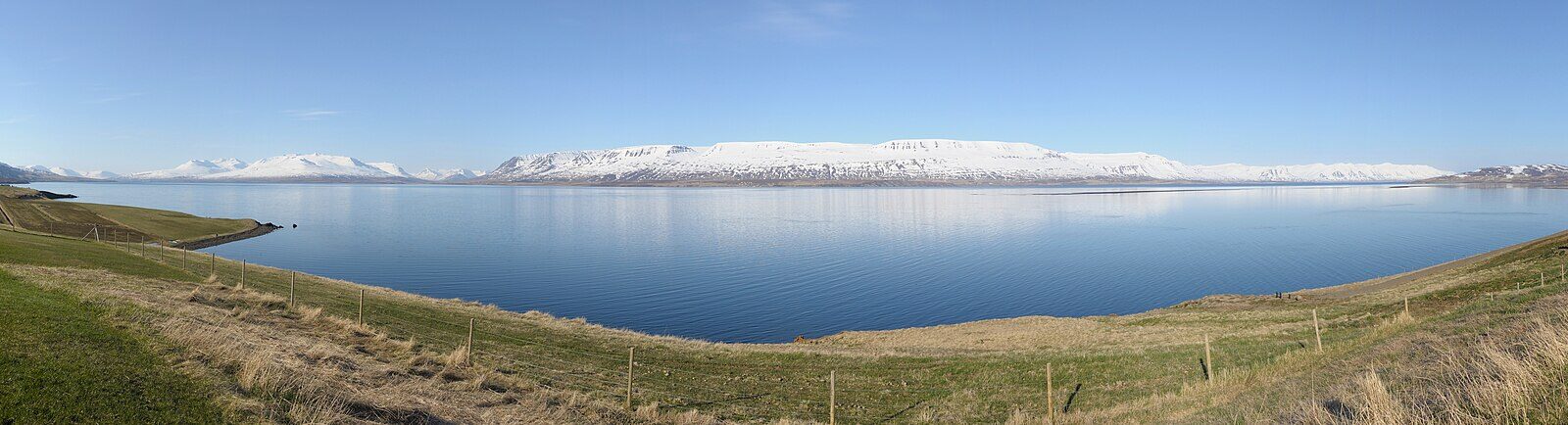 Wide daylight view of fjord with grassy slopes and fences (Grýtubakkahreppur)
