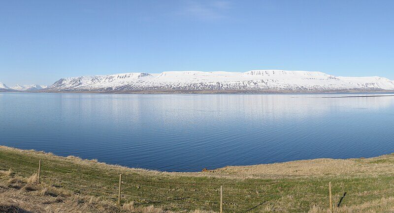 Wide daylight view of fjord with grassy slopes and fences (Grýtubakkahreppur)
