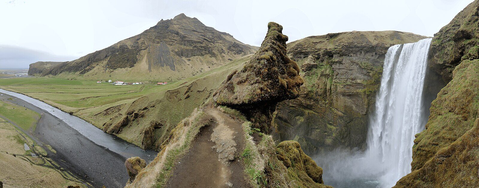 Waterfall beside river with farmland and cliffs (Skógafoss)