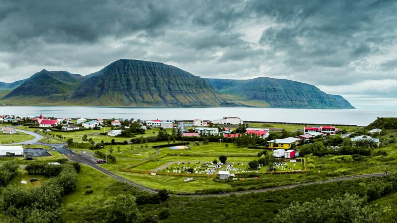 Ísafjörður town on its spit in the Westfjords