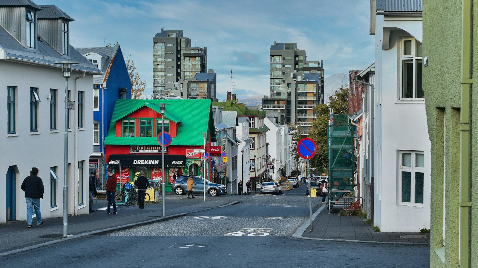 Colourful street with city skyline