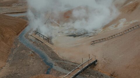 Boardwalks over the Hverir geothermal field from the air
