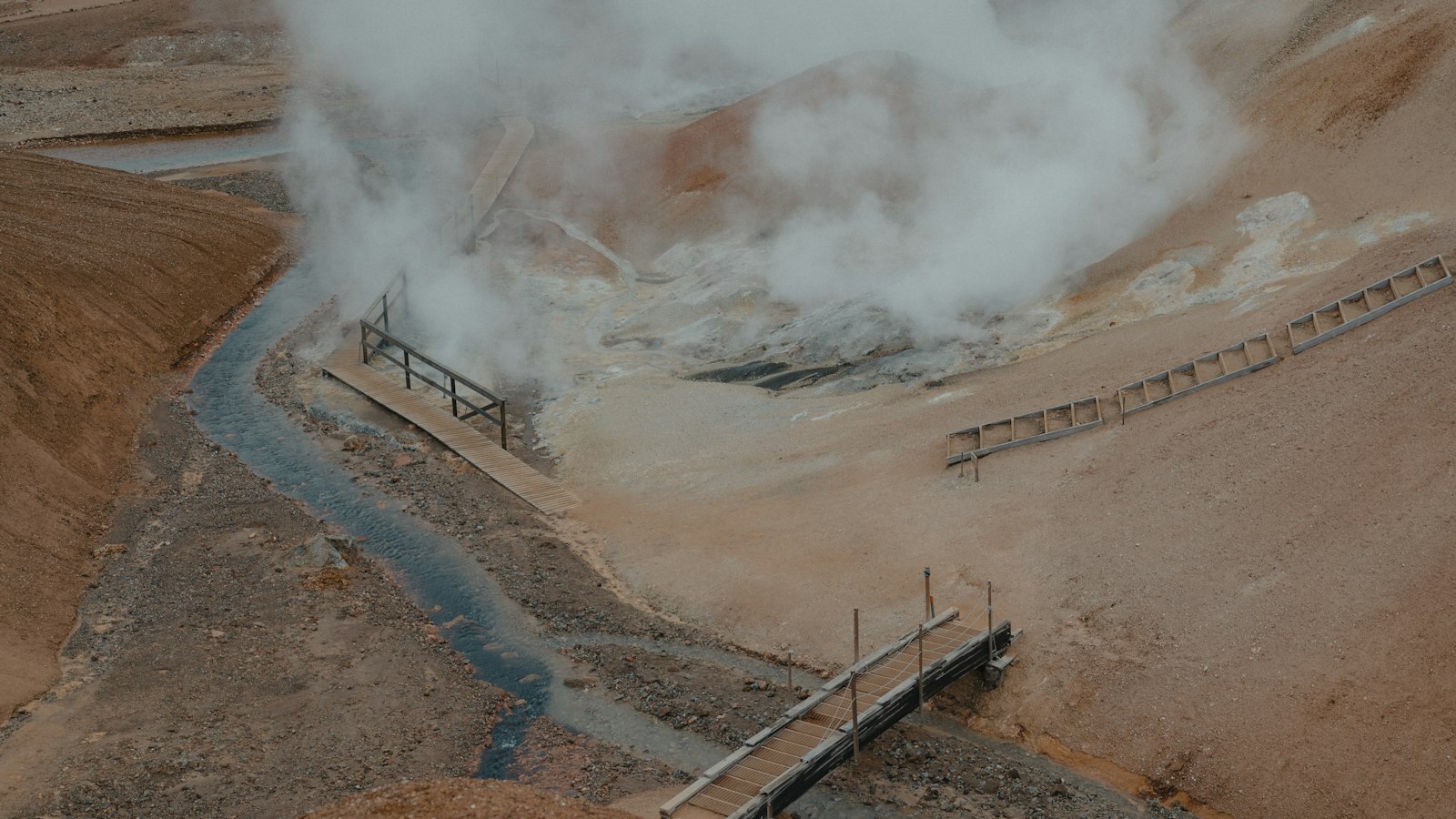 Boardwalks over the Hverir geothermal field from the air