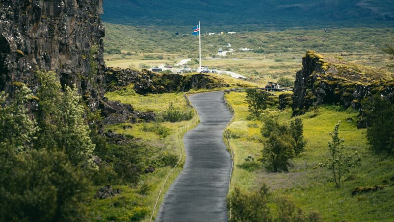 Þingvellir with the flag flying over the old assembly site