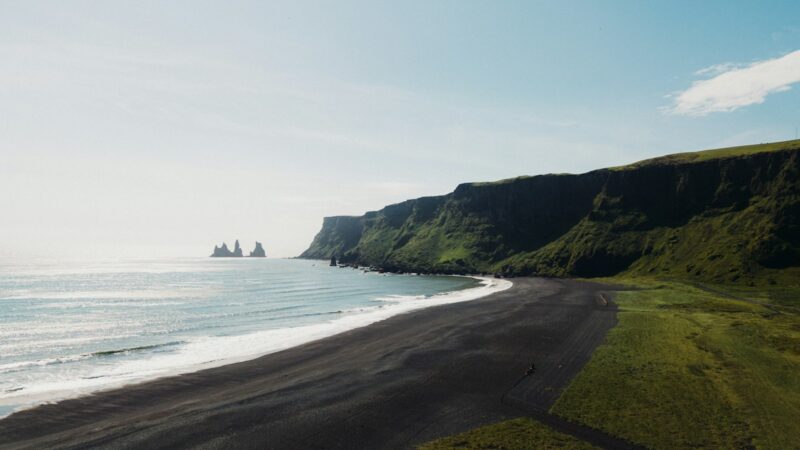 Black sand beach below green cliffs with sea stacks