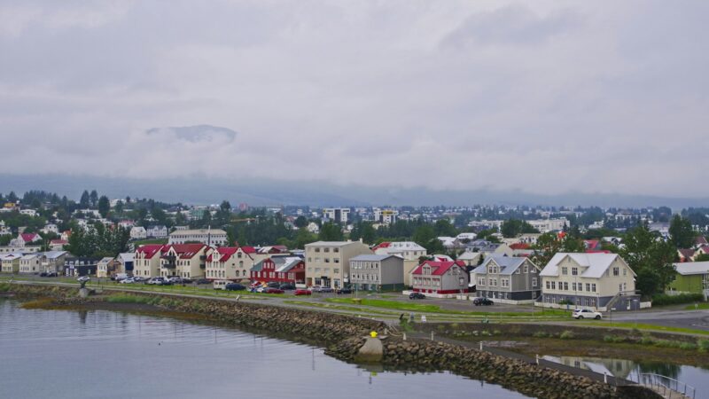 Akureyri town and waterfront under a grey sky