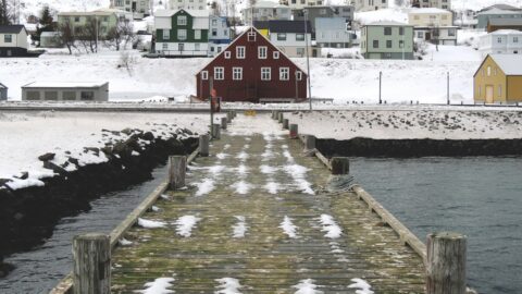 Wooden dock in front of colourful houses