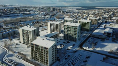 Apartment blocks in Reykjavík in winter from the air
