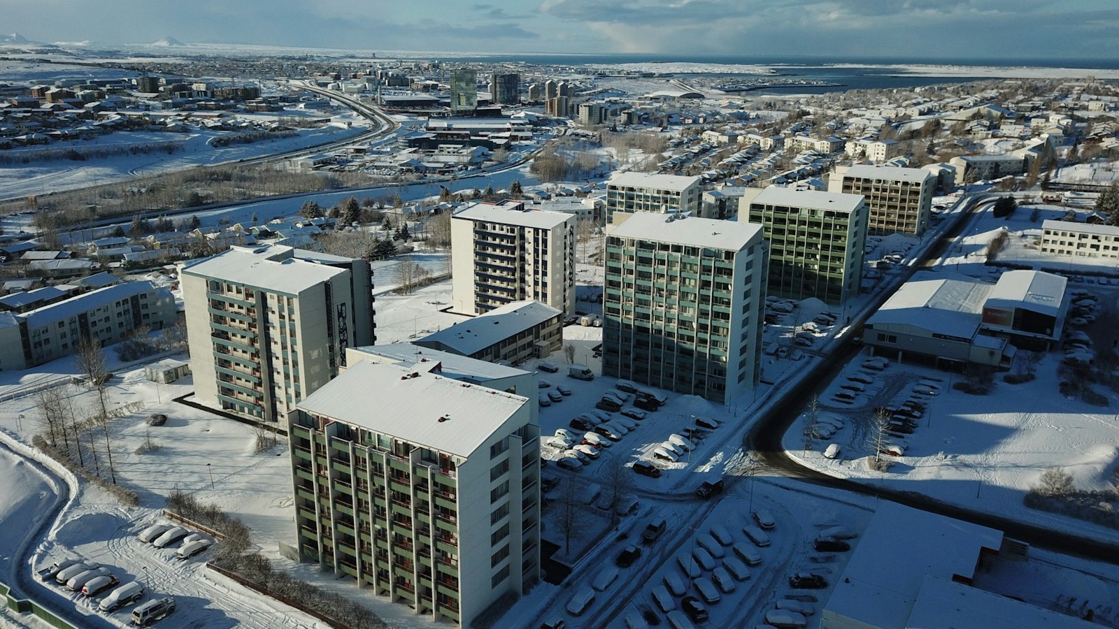 Apartment blocks in Reykjavík in winter from the air