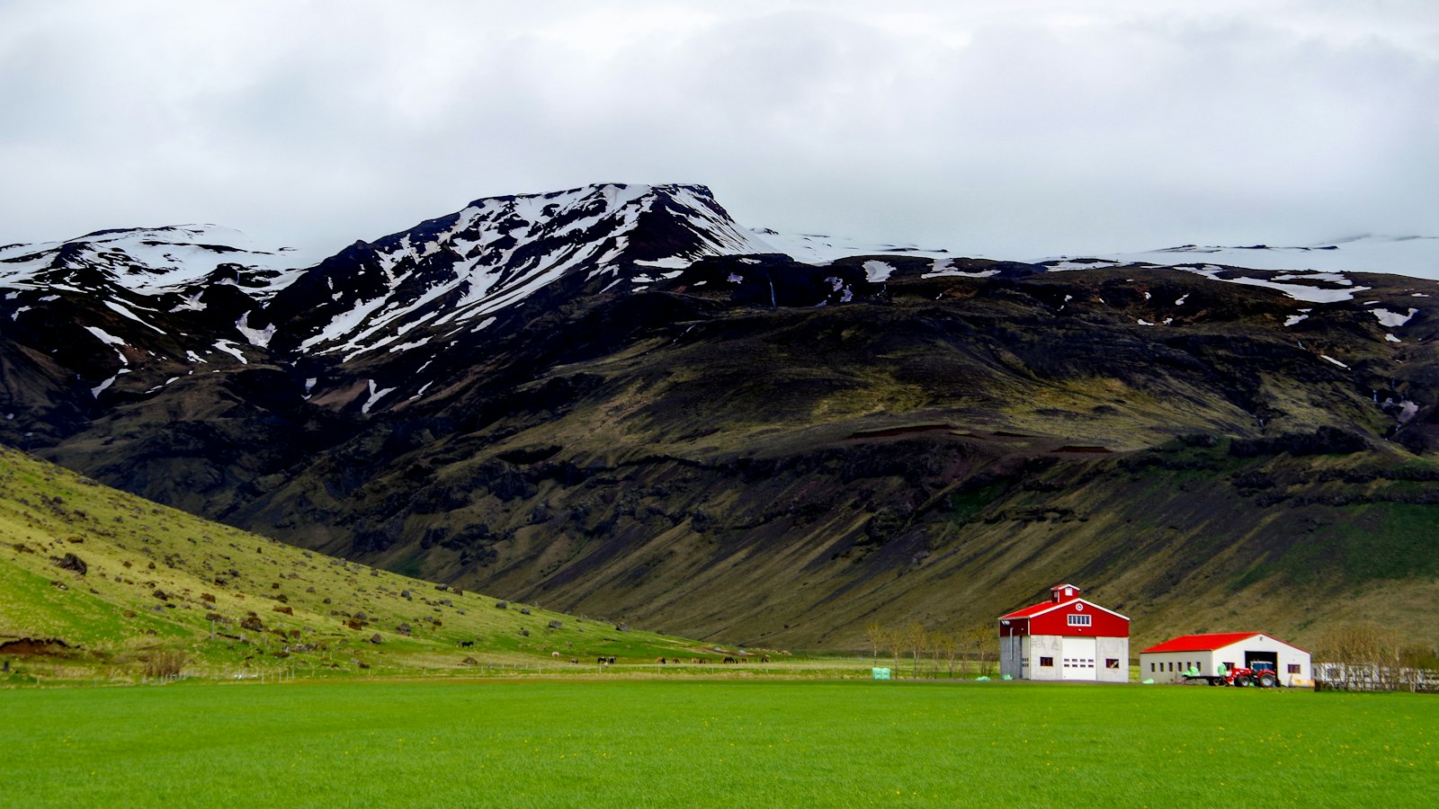 A farm with red roofs below a mountain