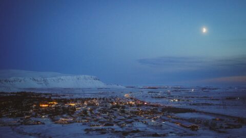 Hveragerði at dusk seen from the hills