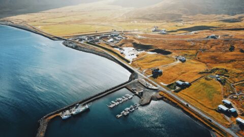 A small harbour town on a spit of land from the air