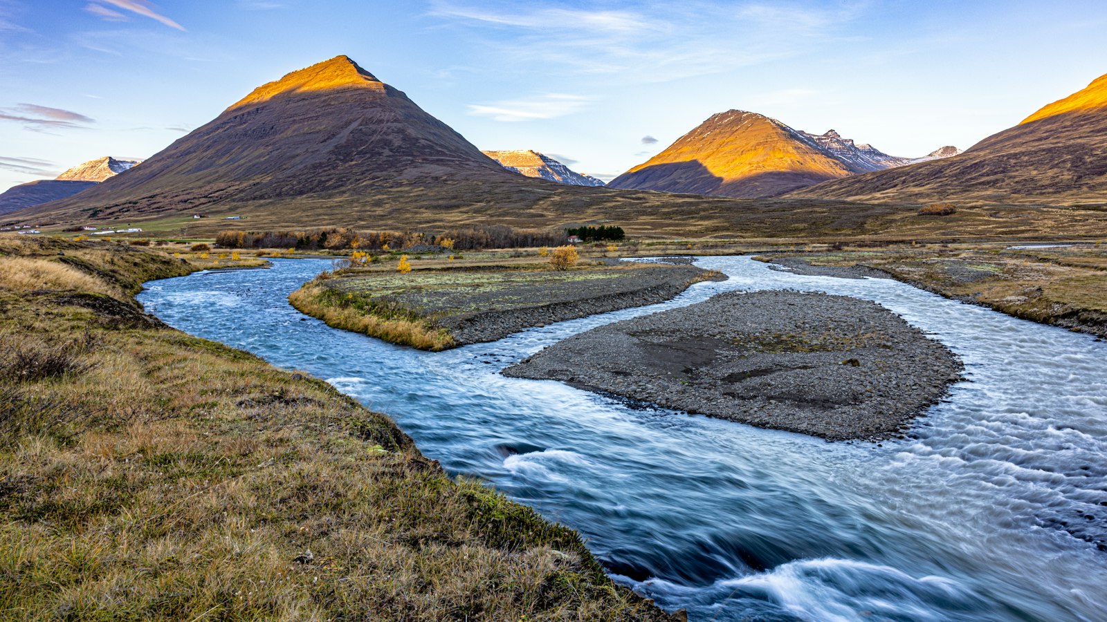 Glacial river valley and mountains in north Iceland in summer