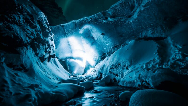 Light through the roof of a glacier ice cave