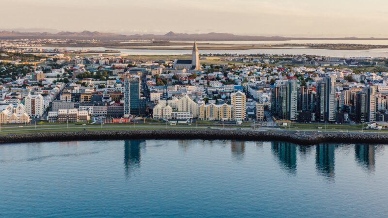 Hallgrímskirkja and the Reykjavík skyline from the air