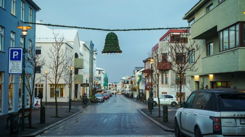 Christmas lights strung across a street in Reykjavík