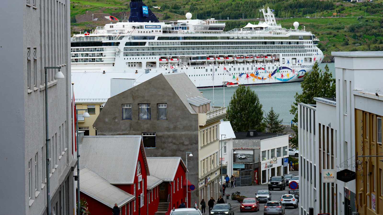 A cruise ship moored at Ísafjörður seen over the town's rooftops