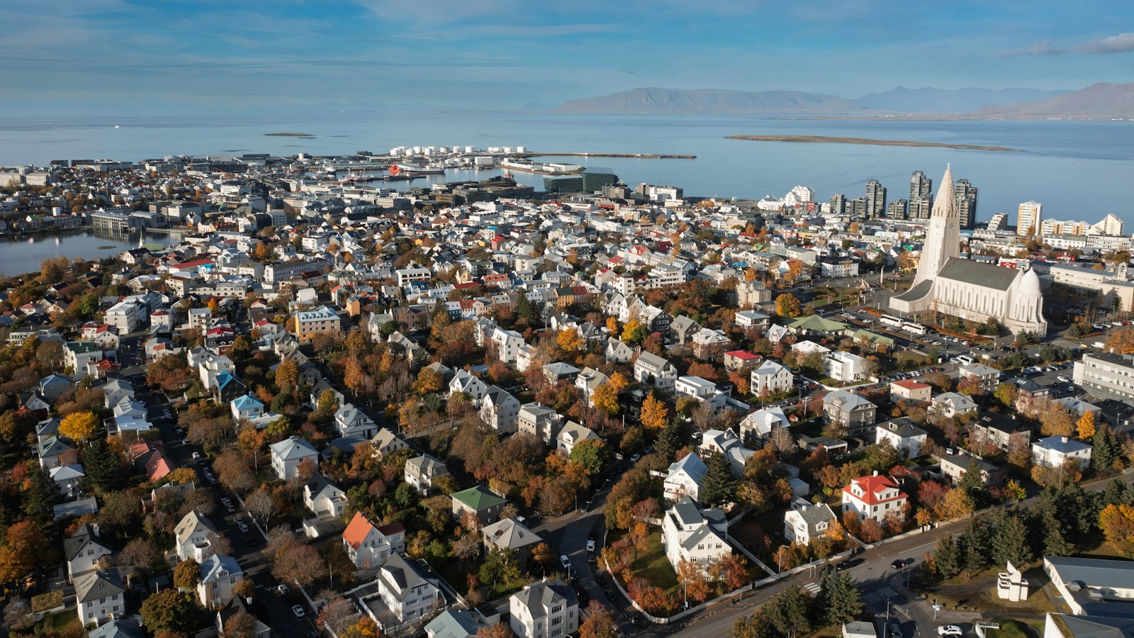 Aerial view of Hallgrímskirkja and central Reykjavík