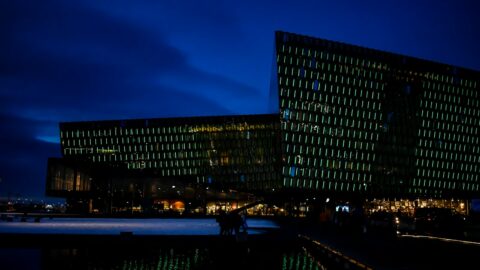Harpa concert hall in Reykjavík lit up at night