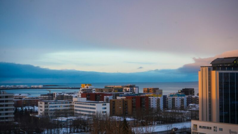Reykjavík harbour buildings at dusk in winter