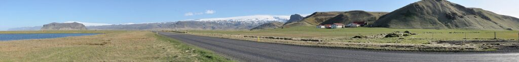 Mýrdalshreppur landscape with Vík village and Katla/Mýrdalsjökull backdrop