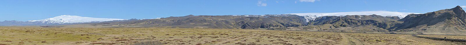 Mýrdalshreppur landscape with Vík village and Katla/Mýrdalsjökull backdrop