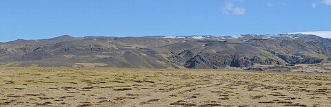 Mýrdalshreppur landscape with Vík village and Katla/Mýrdalsjökull backdrop